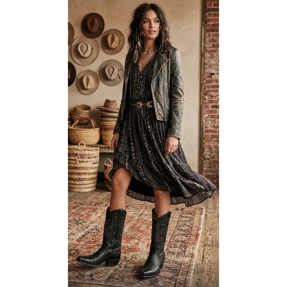 Texas Country Black Leather Studded Western Cowgirl Boots Snip Toe Back Zip
